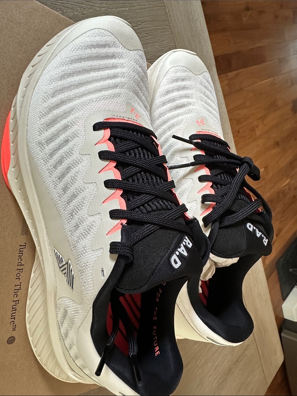 New in box RAD R-1 Neutral Beige Running Shoes with Neon Coral Accents - Picture 2 of 7